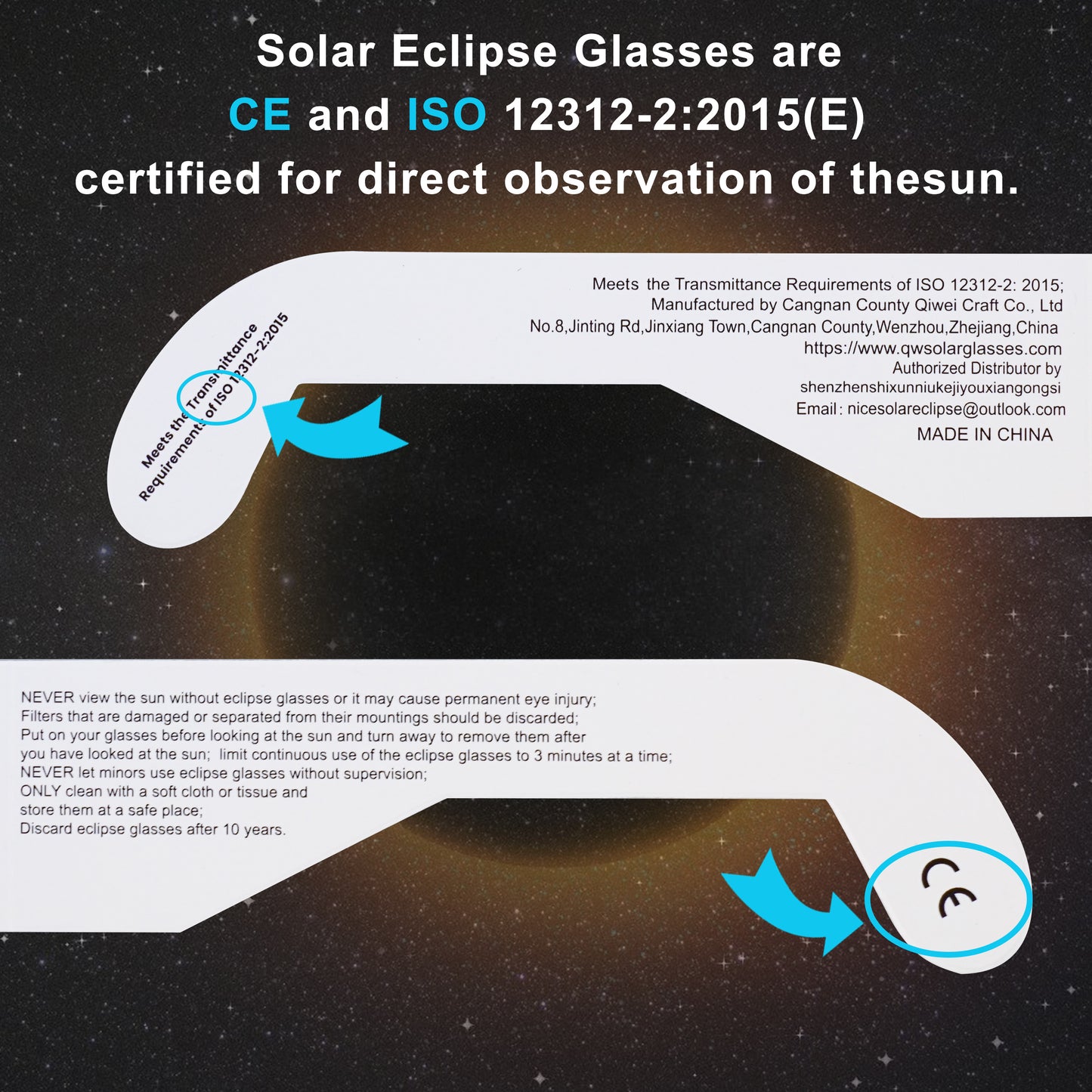 Biniki Solar Eclipse Glasses 2024 - CE & ISO Certified Safe Shades for Direct Sun Viewing(100 Packs)